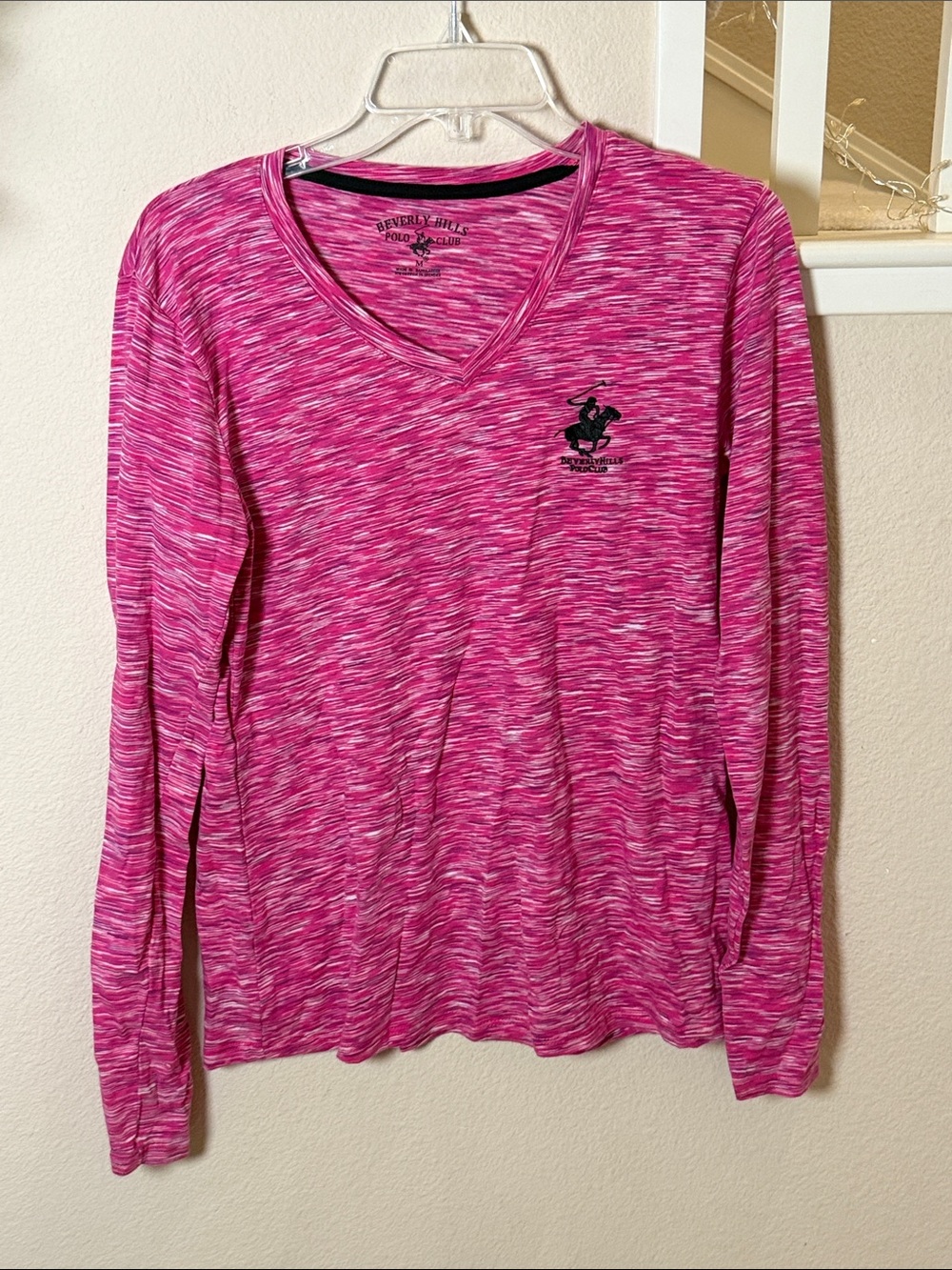 Beverly Hills Polo Club Women's Hot Pink Space-Dye V-Neck Long Sleeve Top